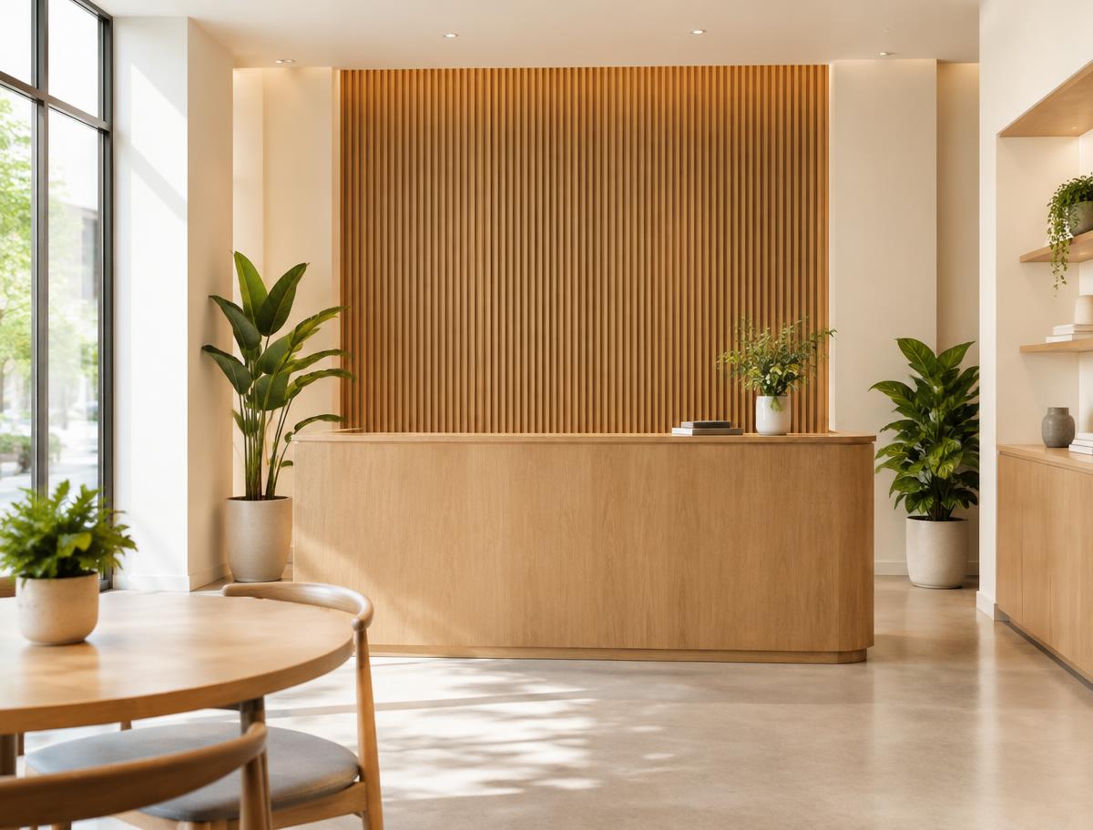 Interior kafe modern dengan panel fluted WPC di belakang konter